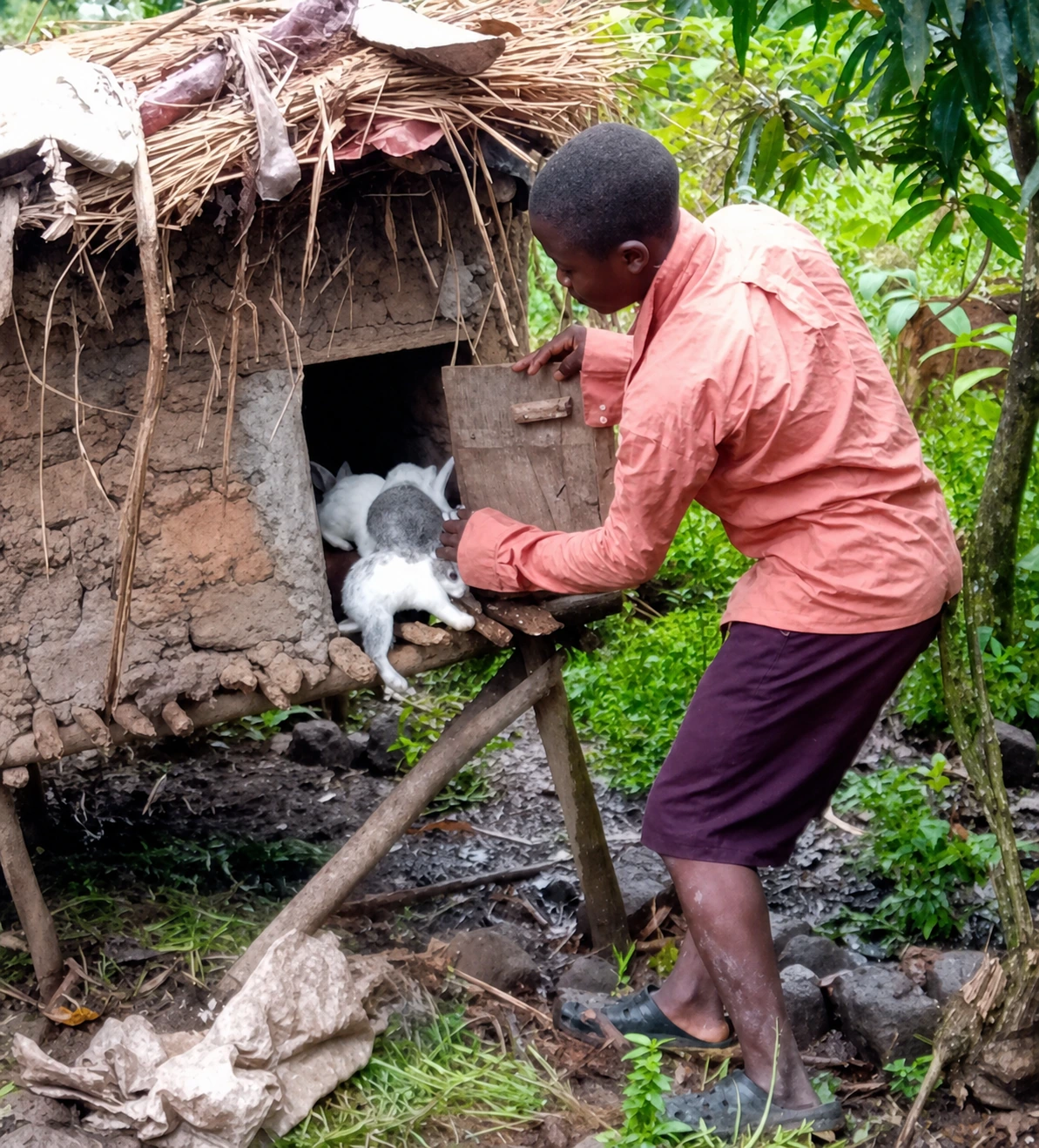 Rabbitex outgrower farmer caring for rabbits in a traditional hutch in Uganda